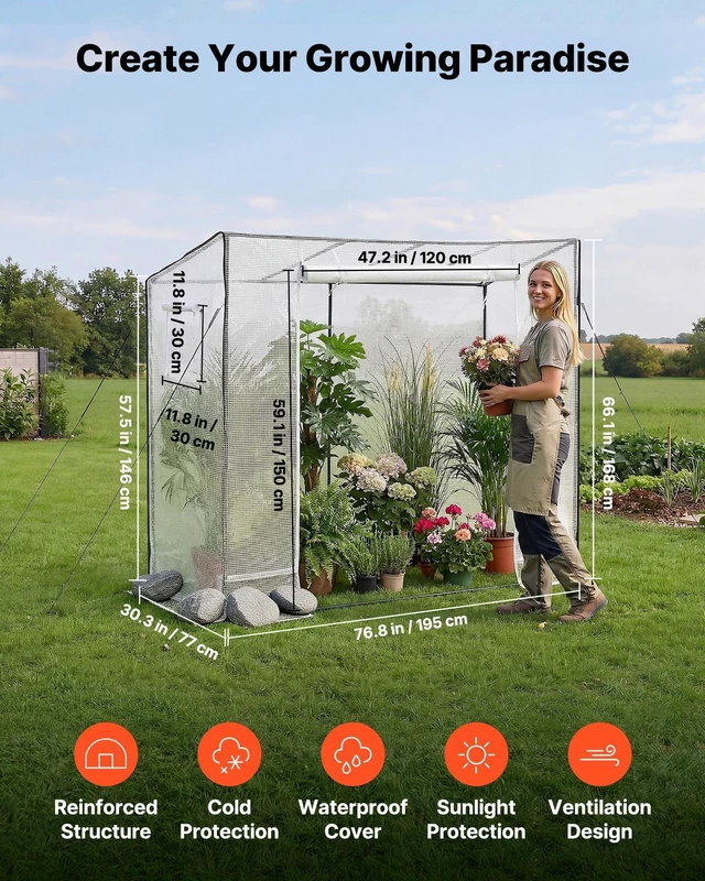 Alt view image 2 of 8 - VEVOR Walk-in Greenhouse, 76.8" x 30.3" x 66.1" Greenhouse for Outdoors with Windows, PE Cover, Roll-Up Zipper Door, Walk in Green House Kit, Portable Plant Garden Hot House for Backyard, Outside