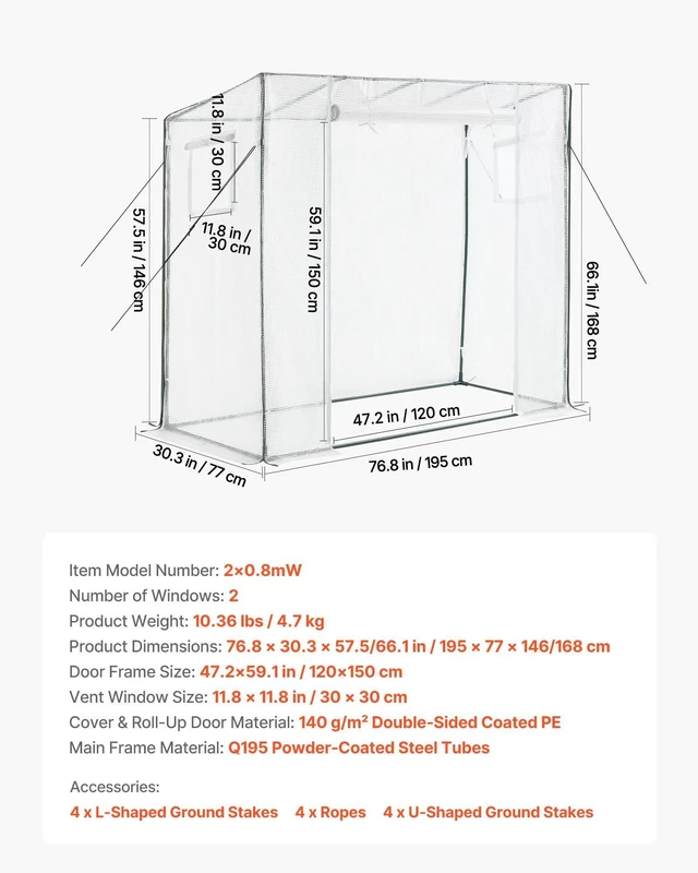 Alt view image 7 of 8 - VEVOR Walk-in Greenhouse, 76.8" x 30.3" x 66.1" Greenhouse for Outdoors with Windows, PE Cover, Roll-Up Zipper Door, Walk in Green House Kit, Portable Plant Garden Hot House for Backyard, Outside