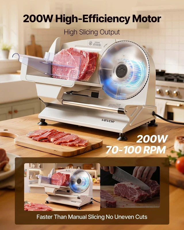 Alt view image 2 of 8 - VEVOR Meat Slicer, 7.5" Electric Deli Slicer with 2 SUS420 Blades & 0-0.6" Adjustable Thickness, 200W Home Food-Slicer for Frozen Meat, Ham, Baguett, Steak, UL Approved