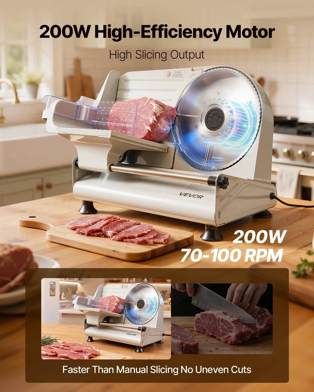 Alt view image 2 of 8 - VEVOR Meat Slicer, 8.6" Electric Deli Slicer with 2 SUS420 Blades & 0-0.6" Adjustable Thickness, Dual Security Lock, 200W Home Food-Slicer for Frozen Meat, Ham, Baguett, Steak, ETL Approved