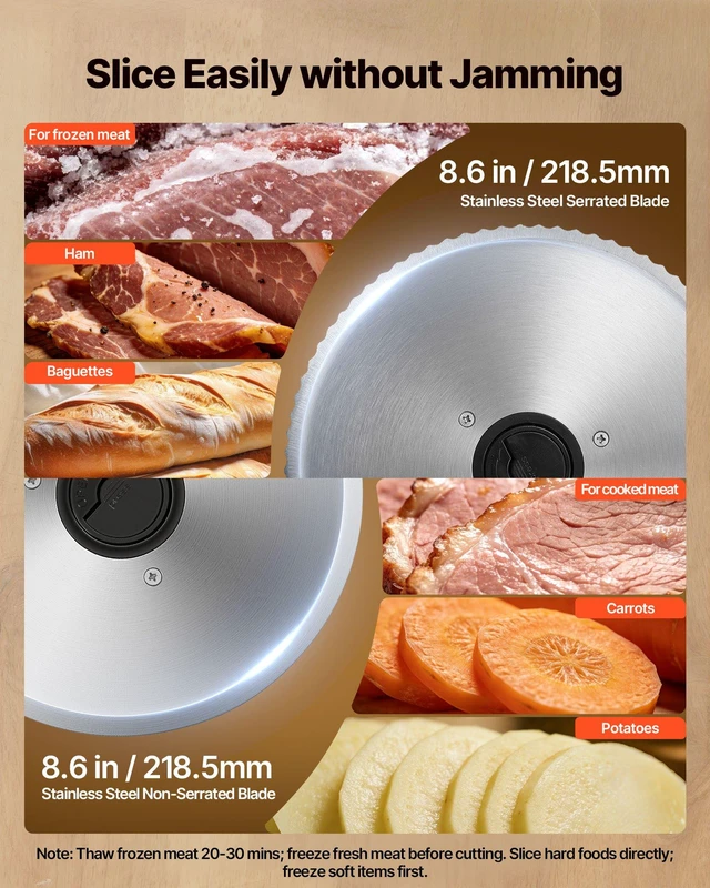 Alt view image 3 of 8 - VEVOR Meat Slicer, 8.6" Electric Deli Slicer with 2 SUS420 Blades & 0-0.6" Adjustable Thickness, Dual Security Lock, 200W Home Food-Slicer for Frozen Meat, Ham, Baguett, Steak, ETL Approved