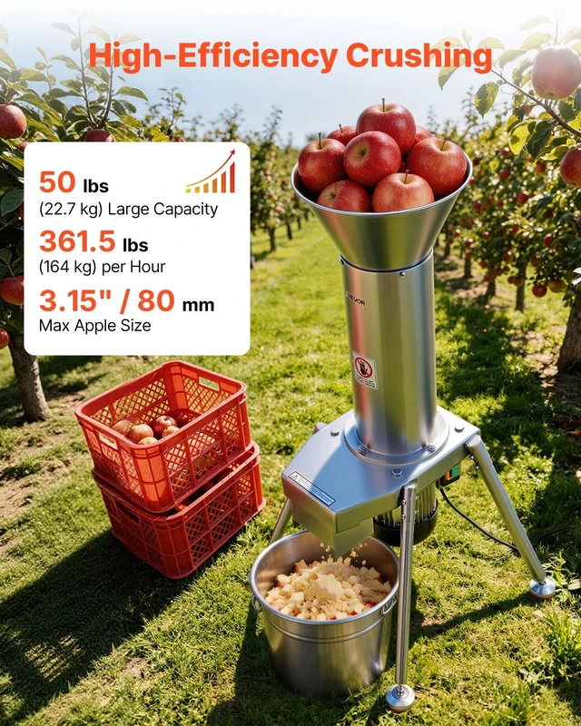 Alt view image 2 of 8 - VEVOR 1100W Electric Fruit Apple Crusher, SUS304 Freestanding Crushing Machine, Grinds Whole Apples Up to 3.15" Dia, 164 KG/H Capacity, Cider Press for Apples, Pears, Pineapple, Guava, Carrot, Potato