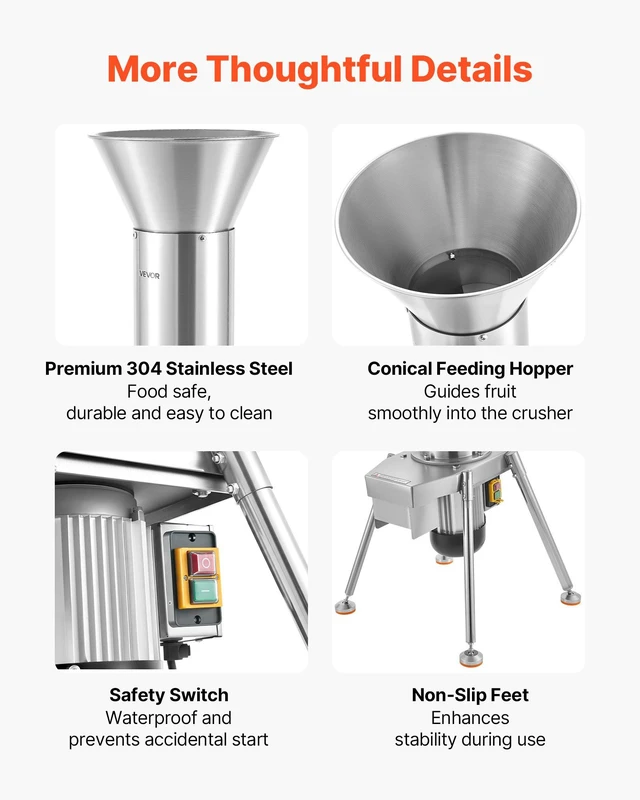 Alt view image 5 of 8 - VEVOR 1100W Electric Fruit Apple Crusher, SUS304 Freestanding Crushing Machine, Grinds Whole Apples Up to 3.15" Dia, 164 KG/H Capacity, Cider Press for Apples, Pears, Pineapple, Guava, Carrot, Potato