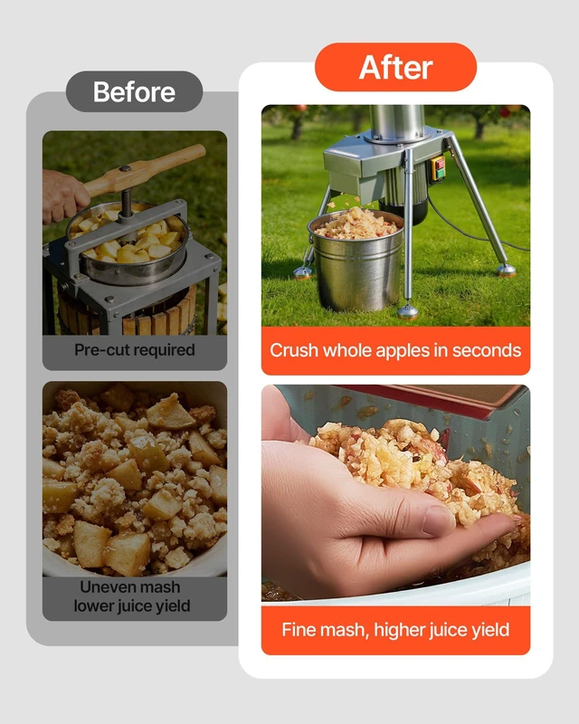 Alt view image 3 of 8 - VEVOR 1100W Electric Fruit Apple Crusher, SUS304 Freestanding Crushing Machine, Grinds Whole Apples Up to 3.15" Dia, 164 KG/H Capacity, Cider Press for Apples, Pears, Pineapple, Guava, Carrot, Potato