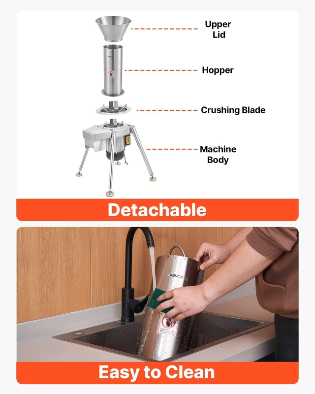 Alt view image 6 of 8 - VEVOR 1100W Electric Fruit Apple Crusher, SUS304 Freestanding Crushing Machine, Grinds Whole Apples Up to 3.15" Dia, 164 KG/H Capacity, Cider Press for Apples, Pears, Pineapple, Guava, Carrot, Potato