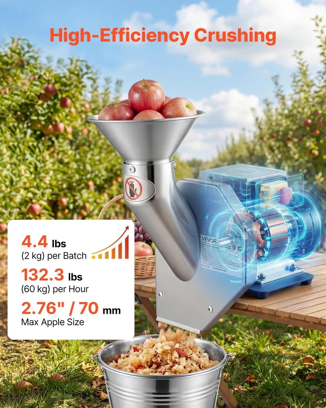 Alt view image 2 of 8 - VEVOR 550W Electric Fruit Apple Crusher, SUS304 Desktop Crushing Machine, Grinds Whole Apples Up to 2.76" Dia, 60 KG/H Capacity, Cider Press for Apples, Pears, Pineapple, Guava, Carrot, Potato