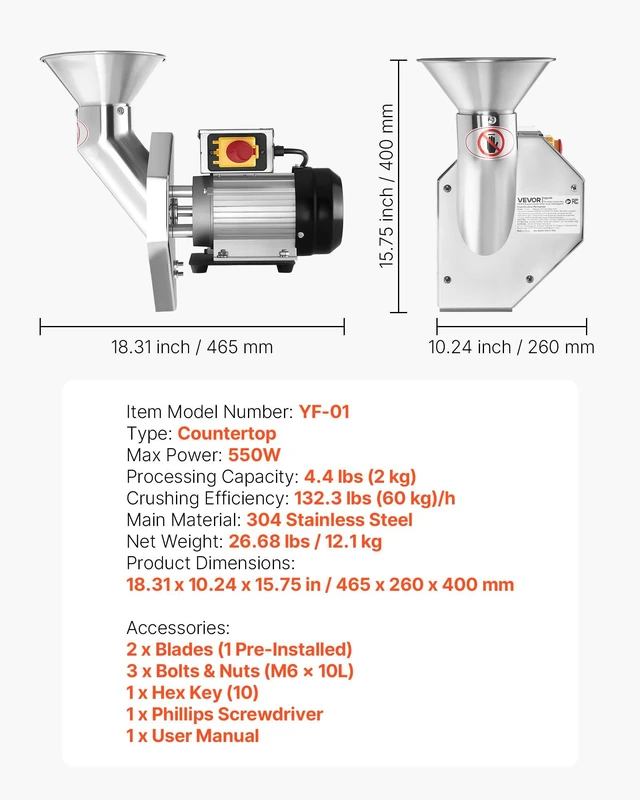 Alt view image 7 of 8 - VEVOR 550W Electric Fruit Apple Crusher, SUS304 Desktop Crushing Machine, Grinds Whole Apples Up to 2.76" Dia, 60 KG/H Capacity, Cider Press for Apples, Pears, Pineapple, Guava, Carrot, Potato