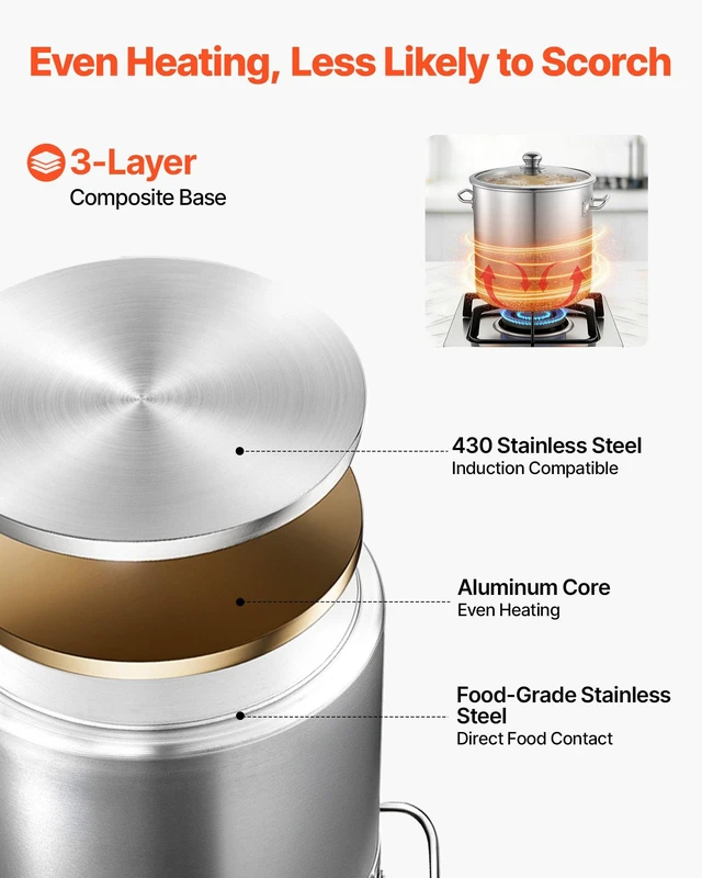Alt view image 3 of 8 - VEVOR Stainless Steel Stock Pot, 21-Quart Stainless Steel Stockpot with Glass Lid, PFOA-Free, PFAS-Free, Compatible with Gas Stoves, Induction Cooktops, Electric Stoves, for Soups, Stews, and Pasta
