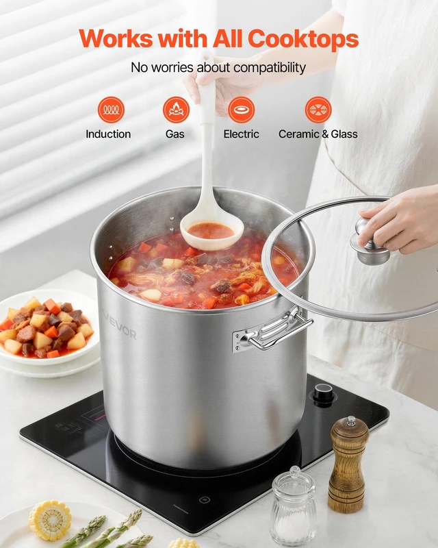 Alt view image 4 of 8 - VEVOR Stainless Steel Stock Pot, 21-Quart Stainless Steel Stockpot with Glass Lid, PFOA-Free, PFAS-Free, Compatible with Gas Stoves, Induction Cooktops, Electric Stoves, for Soups, Stews, and Pasta