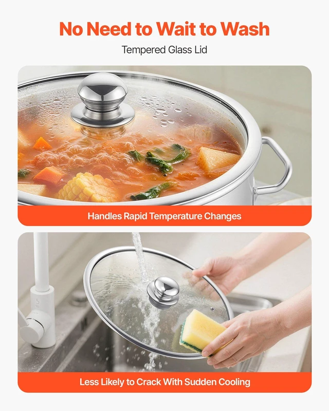 Alt view image 6 of 8 - VEVOR Stainless Steel Stock Pot, 21-Quart Stainless Steel Stockpot with Glass Lid, PFOA-Free, PFAS-Free, Compatible with Gas Stoves, Induction Cooktops, Electric Stoves, for Soups, Stews, and Pasta