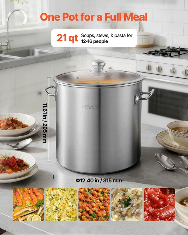 Alt view image 5 of 8 - VEVOR Stainless Steel Stock Pot, 21-Quart Stainless Steel Stockpot with Glass Lid, PFOA-Free, PFAS-Free, Compatible with Gas Stoves, Induction Cooktops, Electric Stoves, for Soups, Stews, and Pasta