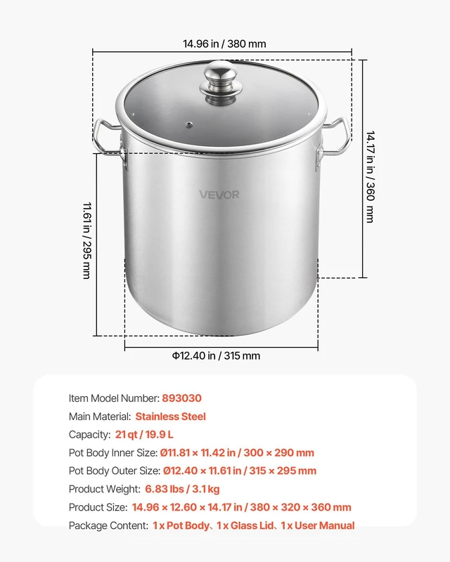 Alt view image 7 of 8 - VEVOR Stainless Steel Stock Pot, 21-Quart Stainless Steel Stockpot with Glass Lid, PFOA-Free, PFAS-Free, Compatible with Gas Stoves, Induction Cooktops, Electric Stoves, for Soups, Stews, and Pasta