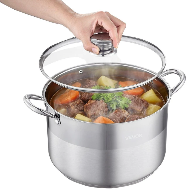 Main image of VEVOR Stainless Steel Stock Pot, 12-Quart Stainless Steel Stockpot with Glass Lid, PFOA-Free, PFAS-Free, Compatible with Gas Stoves, Induction Cooktops, Electric Stoves, for Soups, Stews, and Pasta