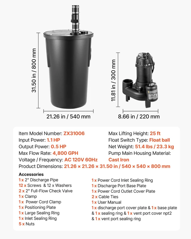 Alt view image 7 of 8 - VEVOR Sewage Pump System, 1/2 HP, 4800 GPH Cast Iron Sewage Pump with Basin Kit, 120 Volt, Automatic On/Off Outdoor Water/Seepage Collection and Removal System with Float Switch, 2" Discharge, Black