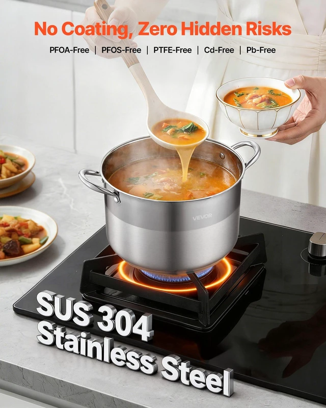 Alt view image 2 of 8 - VEVOR Stainless Steel Stock Pot, 12-Quart Stainless Steel Stockpot with Glass Lid, PFOA-Free, PFAS-Free, Compatible with Gas Stoves, Induction Cooktops, Electric Stoves, for Soups, Stews, and Pasta
