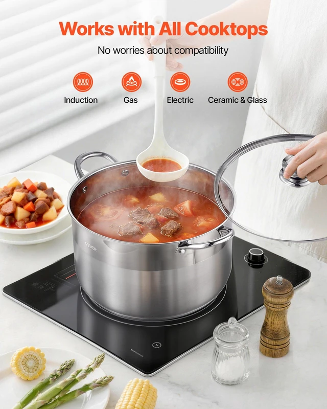Alt view image 4 of 8 - VEVOR Stainless Steel Stock Pot, 12-Quart Stainless Steel Stockpot with Glass Lid, PFOA-Free, PFAS-Free, Compatible with Gas Stoves, Induction Cooktops, Electric Stoves, for Soups, Stews, and Pasta