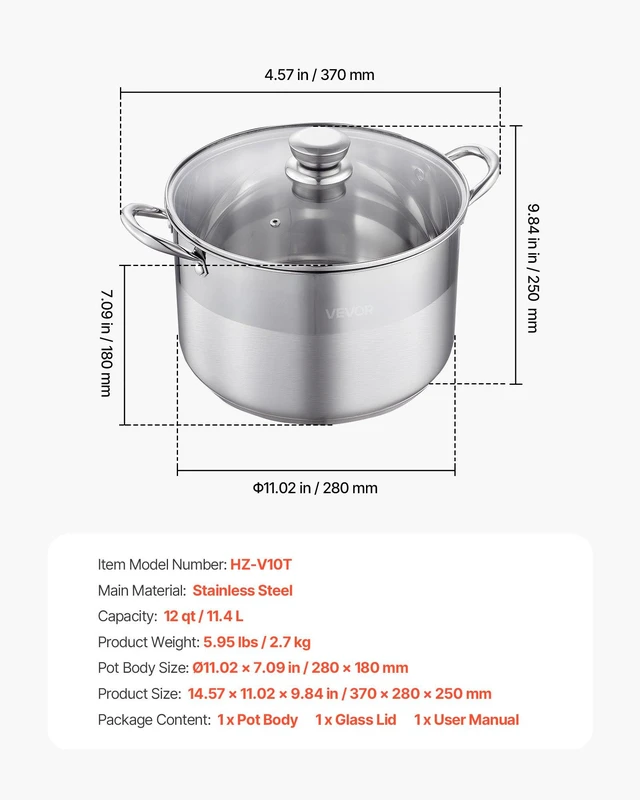 Alt view image 7 of 8 - VEVOR Stainless Steel Stock Pot, 12-Quart Stainless Steel Stockpot with Glass Lid, PFOA-Free, PFAS-Free, Compatible with Gas Stoves, Induction Cooktops, Electric Stoves, for Soups, Stews, and Pasta