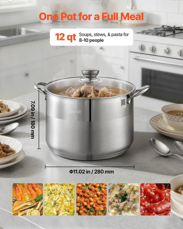 Alt view image 5 of 8 - VEVOR Stainless Steel Stock Pot, 12-Quart Stainless Steel Stockpot with Glass Lid, PFOA-Free, PFAS-Free, Compatible with Gas Stoves, Induction Cooktops, Electric Stoves, for Soups, Stews, and Pasta