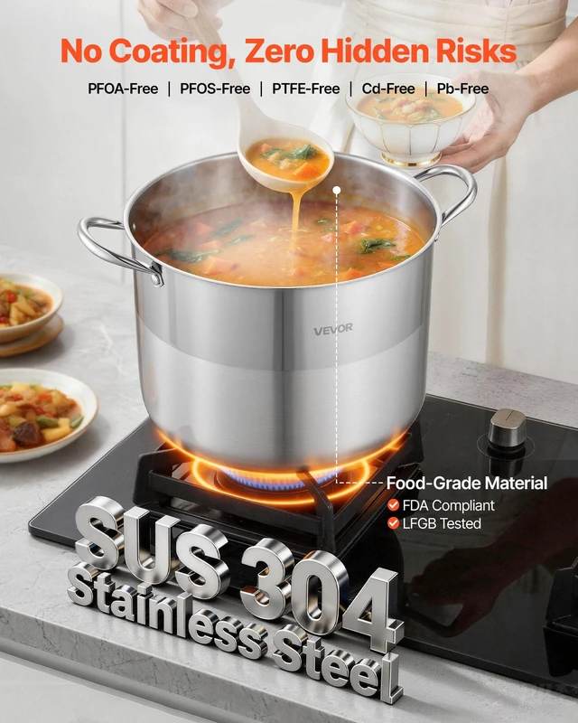 Alt view image 2 of 8 - VEVOR Stainless Steel Stock Pot, 16-Quart Stainless Steel Stockpot with Glass Lid, PFOA-Free, PFAS-Free, Compatible with Gas Stoves, Induction Cooktops, Electric Stoves, for Soups, Stews, and Pasta