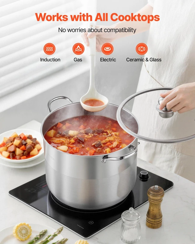 Alt view image 4 of 8 - VEVOR Stainless Steel Stock Pot, 16-Quart Stainless Steel Stockpot with Glass Lid, PFOA-Free, PFAS-Free, Compatible with Gas Stoves, Induction Cooktops, Electric Stoves, for Soups, Stews, and Pasta
