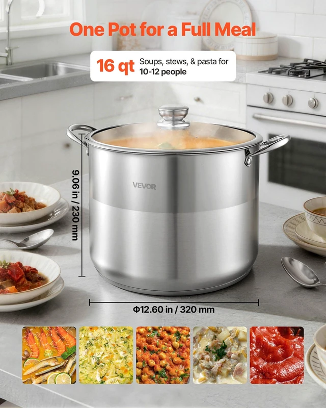 Alt view image 5 of 8 - VEVOR Stainless Steel Stock Pot, 16-Quart Stainless Steel Stockpot with Glass Lid, PFOA-Free, PFAS-Free, Compatible with Gas Stoves, Induction Cooktops, Electric Stoves, for Soups, Stews, and Pasta