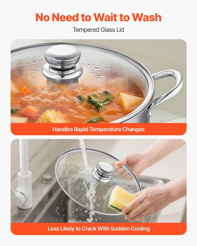 Alt view image 6 of 8 - VEVOR Stainless Steel Stock Pot, 12-Quart Stainless Steel Stockpot with Glass Lid, PFOA-Free, PFAS-Free, Compatible with Gas Stoves, Induction Cooktops, Electric Stoves, for Soups, Stews, and Pasta