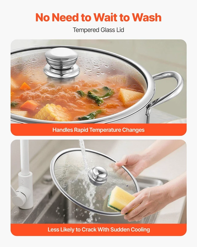 Alt view image 6 of 8 - VEVOR Stainless Steel Stock Pot, 16-Quart Stainless Steel Stockpot with Glass Lid, PFOA-Free, PFAS-Free, Compatible with Gas Stoves, Induction Cooktops, Electric Stoves, for Soups, Stews, and Pasta