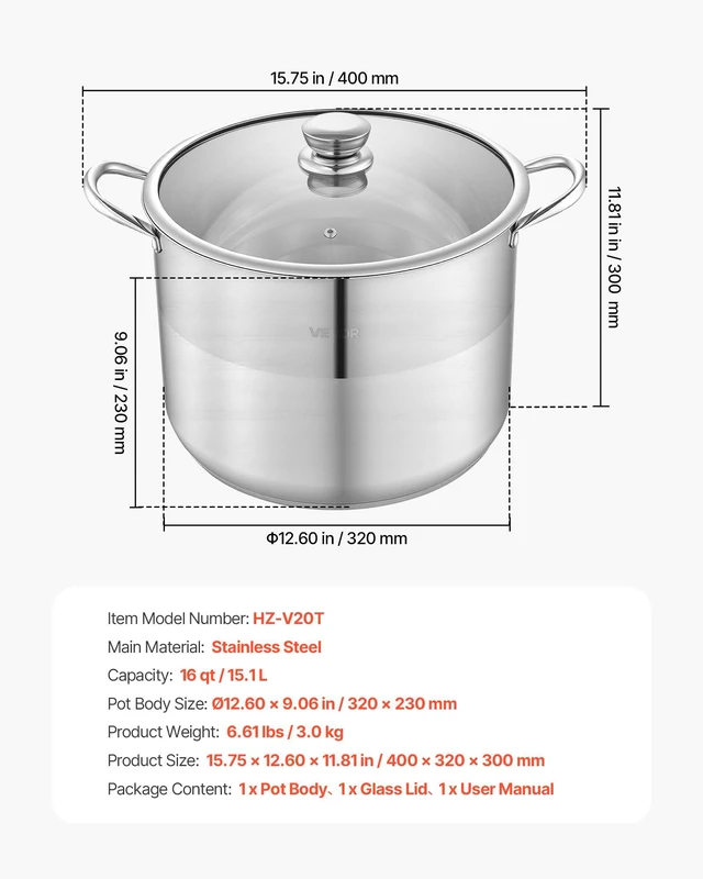 Alt view image 7 of 8 - VEVOR Stainless Steel Stock Pot, 16-Quart Stainless Steel Stockpot with Glass Lid, PFOA-Free, PFAS-Free, Compatible with Gas Stoves, Induction Cooktops, Electric Stoves, for Soups, Stews, and Pasta