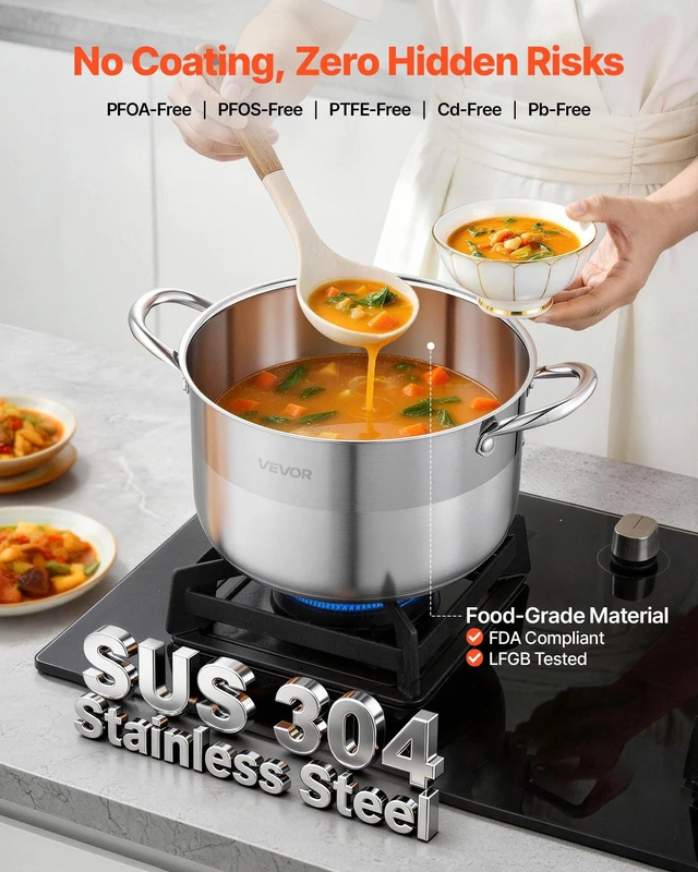 Alt view image 2 of 8 - VEVOR Stainless Steel Stock Pot, 8-Quart Stainless Steel Stockpot with Glass Lid, PFOA-Free, PFAS-Free, Compatible with Gas Stoves, Induction Cooktops, Electric Stoves, for Soups, Stews, and Pasta