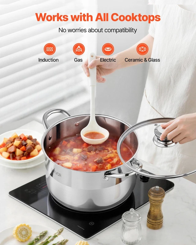 Alt view image 4 of 8 - VEVOR Stainless Steel Stock Pot, 8-Quart Stainless Steel Stockpot with Glass Lid, PFOA-Free, PFAS-Free, Compatible with Gas Stoves, Induction Cooktops, Electric Stoves, for Soups, Stews, and Pasta