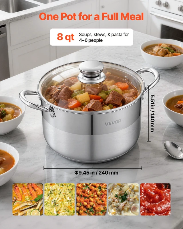 Alt view image 5 of 8 - VEVOR Stainless Steel Stock Pot, 8-Quart Stainless Steel Stockpot with Glass Lid, PFOA-Free, PFAS-Free, Compatible with Gas Stoves, Induction Cooktops, Electric Stoves, for Soups, Stews, and Pasta