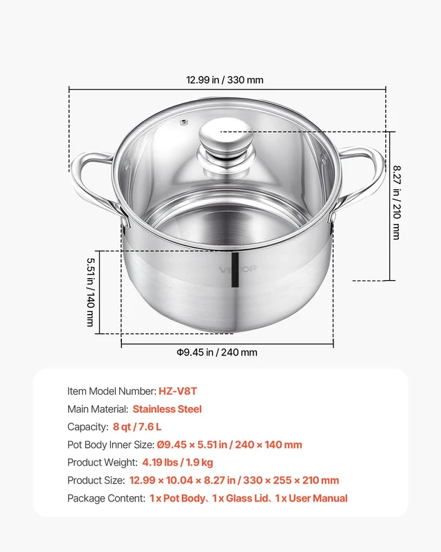 Alt view image 7 of 8 - VEVOR Stainless Steel Stock Pot, 8-Quart Stainless Steel Stockpot with Glass Lid, PFOA-Free, PFAS-Free, Compatible with Gas Stoves, Induction Cooktops, Electric Stoves, for Soups, Stews, and Pasta