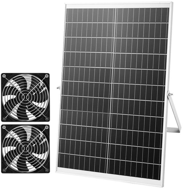 Main image of VEVOR Solar Powered Fan, 30W Solar Panel with 2 Fans, Adjustable Solar Panel Angle, 2668 RPM High-Speed, Flexible Installation, Fast Air Exchange for Greenhouse, Grow Tents, Chicken Coops, Shelters