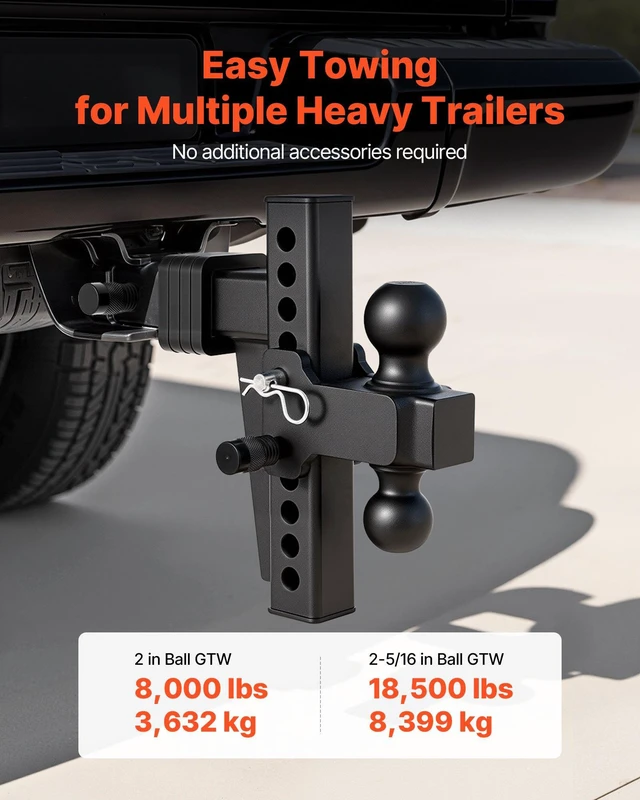 Alt view image 2 of 8 - VEVOR Adjustable Trailer Hitch, Fit 2 Inch Receiver, Trailer Hitch Mount with 2 Inch & 2-5/16 Inch Balls, 18500 lbs GTW, 8 Inch Drop, Towing Ball Mounts for RVs, Off-Road Vehicles and Trucks, Black