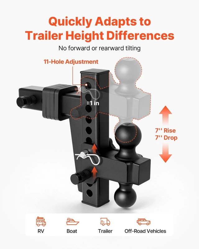 Alt view image 4 of 8 - VEVOR Adjustable Trailer Hitch, Fit 2 Inch Receiver, Trailer Hitch Mount with 2 Inch & 2-5/16 Inch Balls, 18500 lbs GTW, 8 Inch Drop, Towing Ball Mounts for RVs, Off-Road Vehicles and Trucks, Black