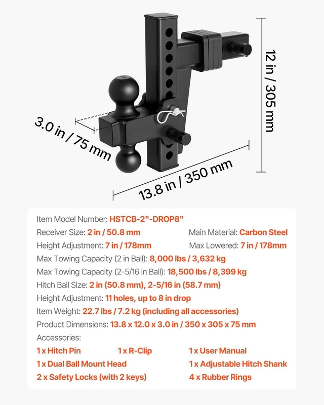 Alt view image 7 of 8 - VEVOR Adjustable Trailer Hitch, Fit 2 Inch Receiver, Trailer Hitch Mount with 2 Inch & 2-5/16 Inch Balls, 18500 lbs GTW, 8 Inch Drop, Towing Ball Mounts for RVs, Off-Road Vehicles and Trucks, Black