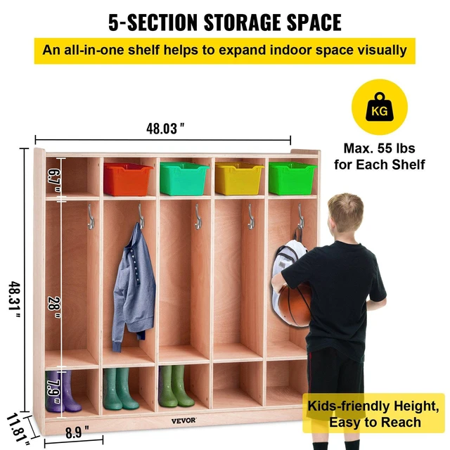 Alt view image 3 of 8 - VEVOR Coat Locker, 5-Section Daycare Cubby Coat Rack 48x12x48 inch, Classroom Coat Locker and Backpack Hanger, with 5 Hooks and Storage Boxes, for Kindergarten & School, Natural