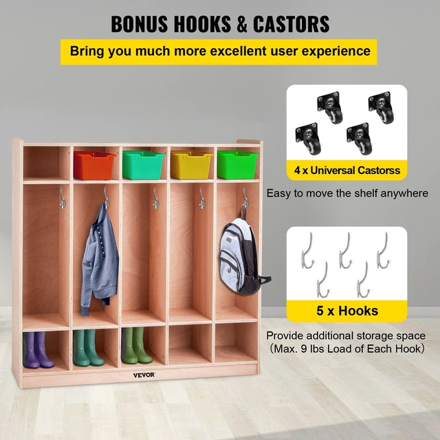 Alt view image 5 of 8 - VEVOR Coat Locker, 5-Section Daycare Cubby Coat Rack 48x12x48 inch, Classroom Coat Locker and Backpack Hanger, with 5 Hooks and Storage Boxes, for Kindergarten & School, Natural
