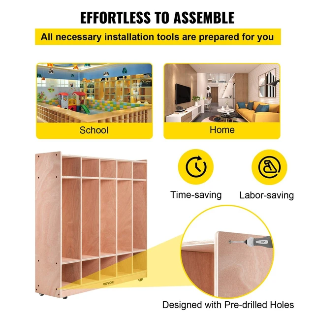 Alt view image 6 of 8 - VEVOR Coat Locker, 5-Section Daycare Cubby Coat Rack 48x12x48 inch, Classroom Coat Locker and Backpack Hanger, with 5 Hooks and Storage Boxes, for Kindergarten & School, Natural