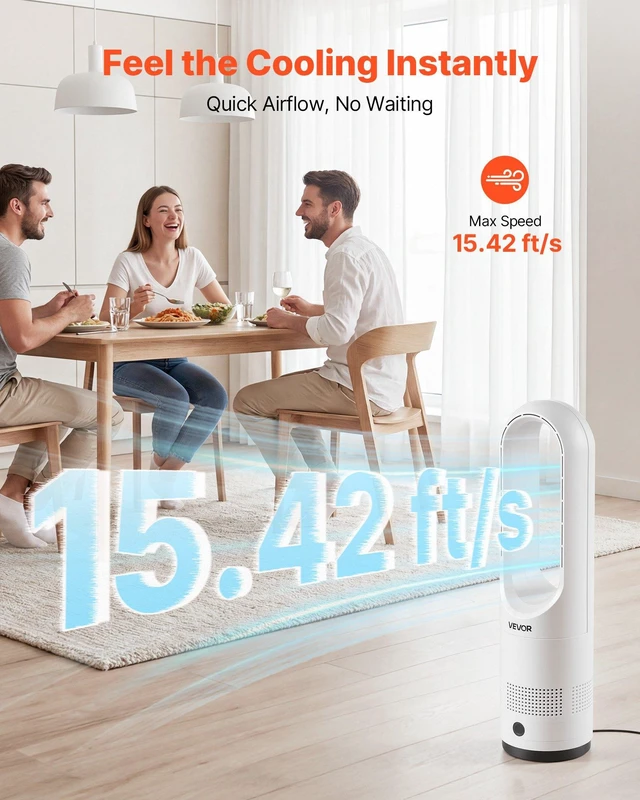Alt view image 3 of 8 - VEVOR Bladeless Tower Fan, 80° Oscillating Standing Fan, 8 Speeds & 9-Hour Timer, 15.42 ft High Velocity Floor Air Circulator, Powerful Airflow with Remote for Bedroom, Living Room, Home, Office,White