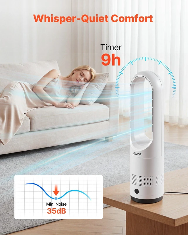 Alt view image 2 of 8 - VEVOR Bladeless Tower Fan, 80° Oscillating Standing Fan, 8 Speeds & 9-Hour Timer, 15.42 ft High Velocity Floor Air Circulator, Powerful Airflow with Remote for Bedroom, Living Room, Home, Office,White