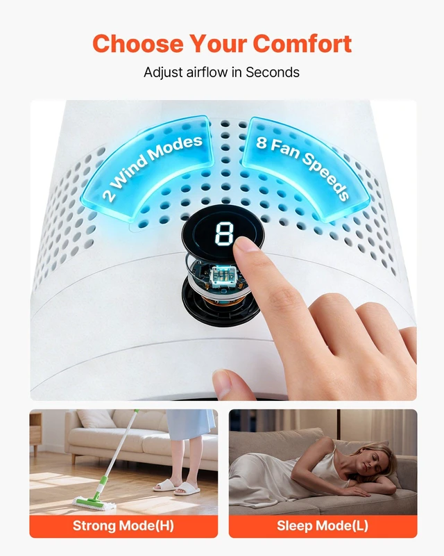 Alt view image 4 of 8 - VEVOR Bladeless Tower Fan, 80° Oscillating Standing Fan, 8 Speeds & 9-Hour Timer, 15.42 ft High Velocity Floor Air Circulator, Powerful Airflow with Remote for Bedroom, Living Room, Home, Office,White