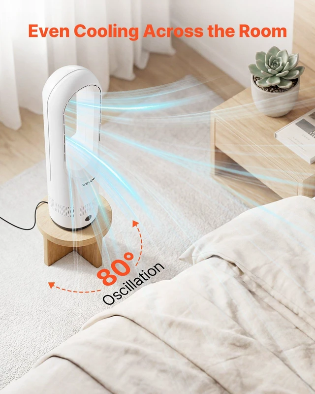 Alt view image 5 of 8 - VEVOR Bladeless Tower Fan, 80° Oscillating Standing Fan, 8 Speeds & 9-Hour Timer, 15.42 ft High Velocity Floor Air Circulator, Powerful Airflow with Remote for Bedroom, Living Room, Home, Office,White