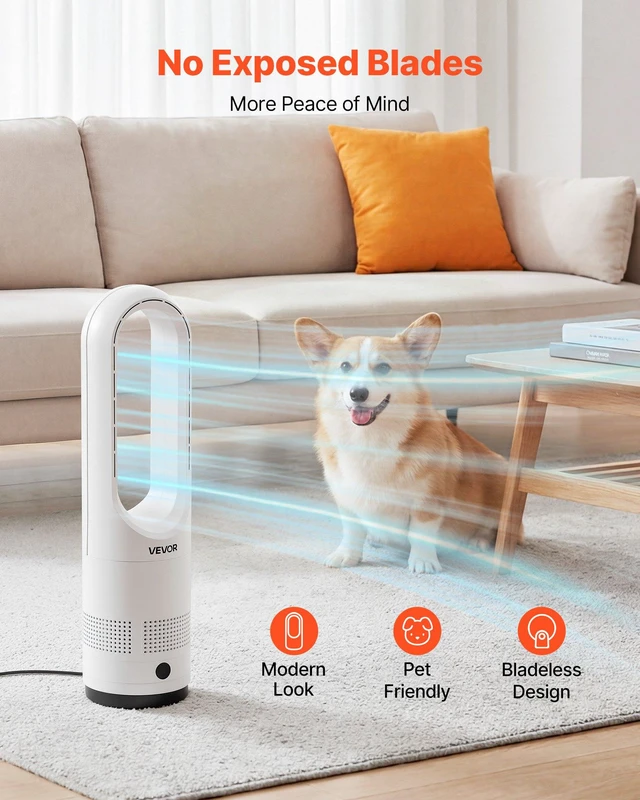 Alt view image 6 of 8 - VEVOR Bladeless Tower Fan, 80° Oscillating Standing Fan, 8 Speeds & 9-Hour Timer, 15.42 ft High Velocity Floor Air Circulator, Powerful Airflow with Remote for Bedroom, Living Room, Home, Office,White