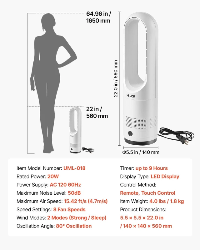 Alt view image 7 of 8 - VEVOR Bladeless Tower Fan, 80° Oscillating Standing Fan, 8 Speeds & 9-Hour Timer, 15.42 ft High Velocity Floor Air Circulator, Powerful Airflow with Remote for Bedroom, Living Room, Home, Office,White