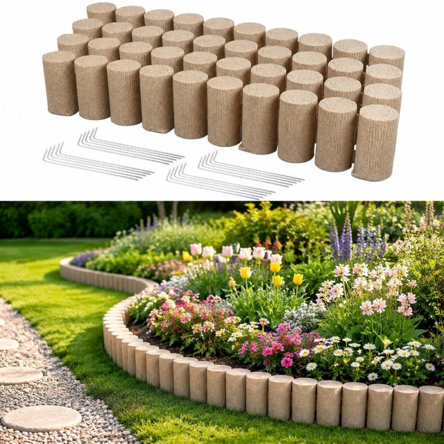 Main image of VEVOR Faux Wood Landscape Edging, 13.7 ft Kit, No Dig Garden Edging Border, Blocks for Lawn, Flower Beds, Pathways, Yards, 4 Pack Each Section Has 10 Logs 41.14"L x 3.74"W x 7.48"H, 32 Spikes, Beige
