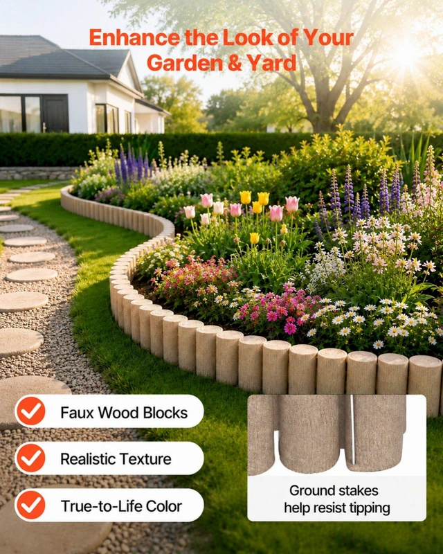 Alt view image 2 of 8 - VEVOR Faux Wood Landscape Edging, 13.7 ft Kit, No Dig Garden Edging Border, Blocks for Lawn, Flower Beds, Pathways, Yards, 4 Pack Each Section Has 10 Logs 41.14"L x 3.74"W x 7.48"H, 32 Spikes, Beige