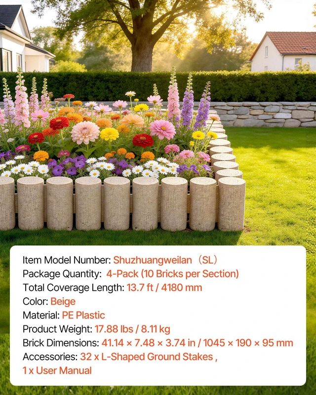 Alt view image 7 of 8 - VEVOR Faux Wood Landscape Edging, 13.7 ft Kit, No Dig Garden Edging Border, Blocks for Lawn, Flower Beds, Pathways, Yards, 4 Pack Each Section Has 10 Logs 41.14"L x 3.74"W x 7.48"H, 32 Spikes, Beige
