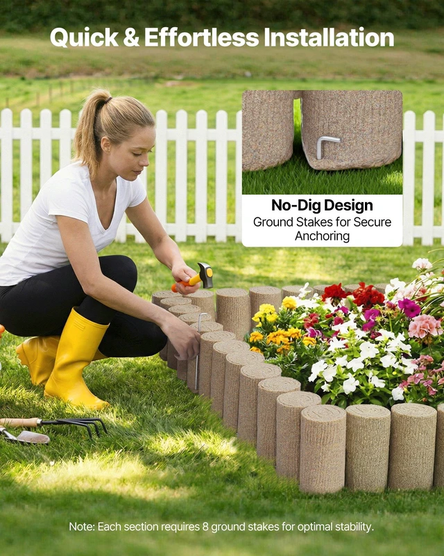 Alt view image 4 of 8 - VEVOR Faux Wood Landscape Edging, 13.7 ft Kit, No Dig Garden Edging Border, Blocks for Lawn, Flower Beds, Pathways, Yards, 4 Pack Each Section Has 10 Logs 41.14"L x 3.74"W x 7.48"H, 32 Spikes, Beige