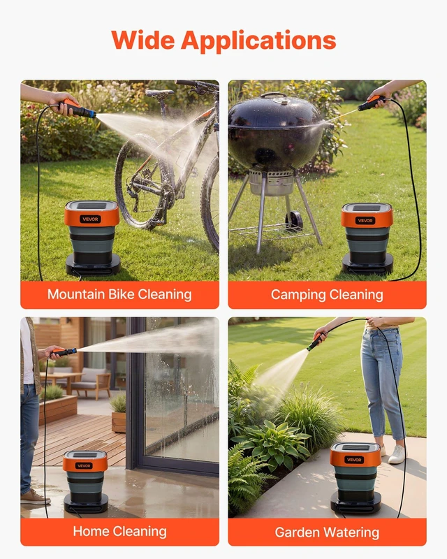 Alt view image 3 of 8 - VEVOR Portable Cordless Pressure Washer with 2.64 Gal Tank, Foldable Power Washer 109 Max PSI 0.79 Max GPM, 3 Nozzles,Flexible 78.7 in Hose, Type-C Charging, for Bike Cleaning, Patio, Camping, Garden